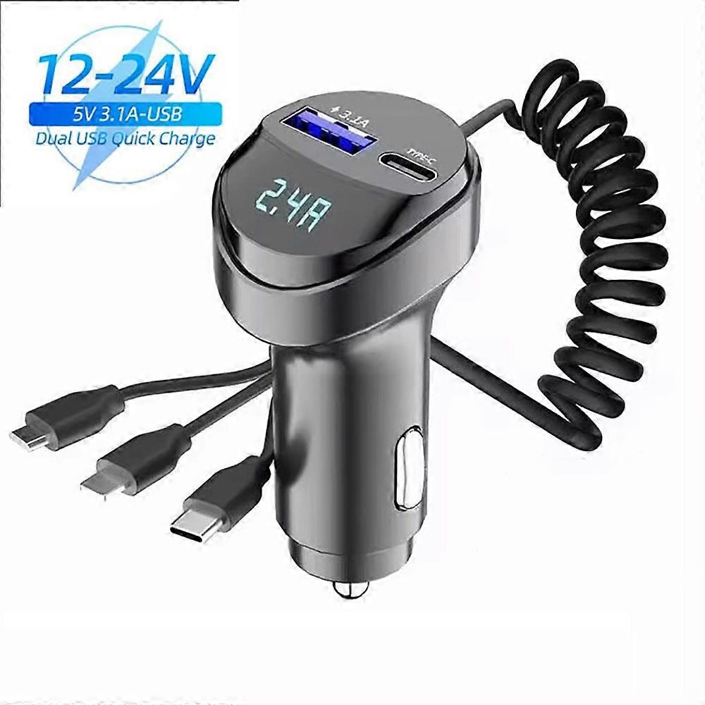 2 Ports 55W USB Car Charger 3 in 1 Fast Charging Multi-function USB Retractable Charging Cable with LED Voltage Display Adapter