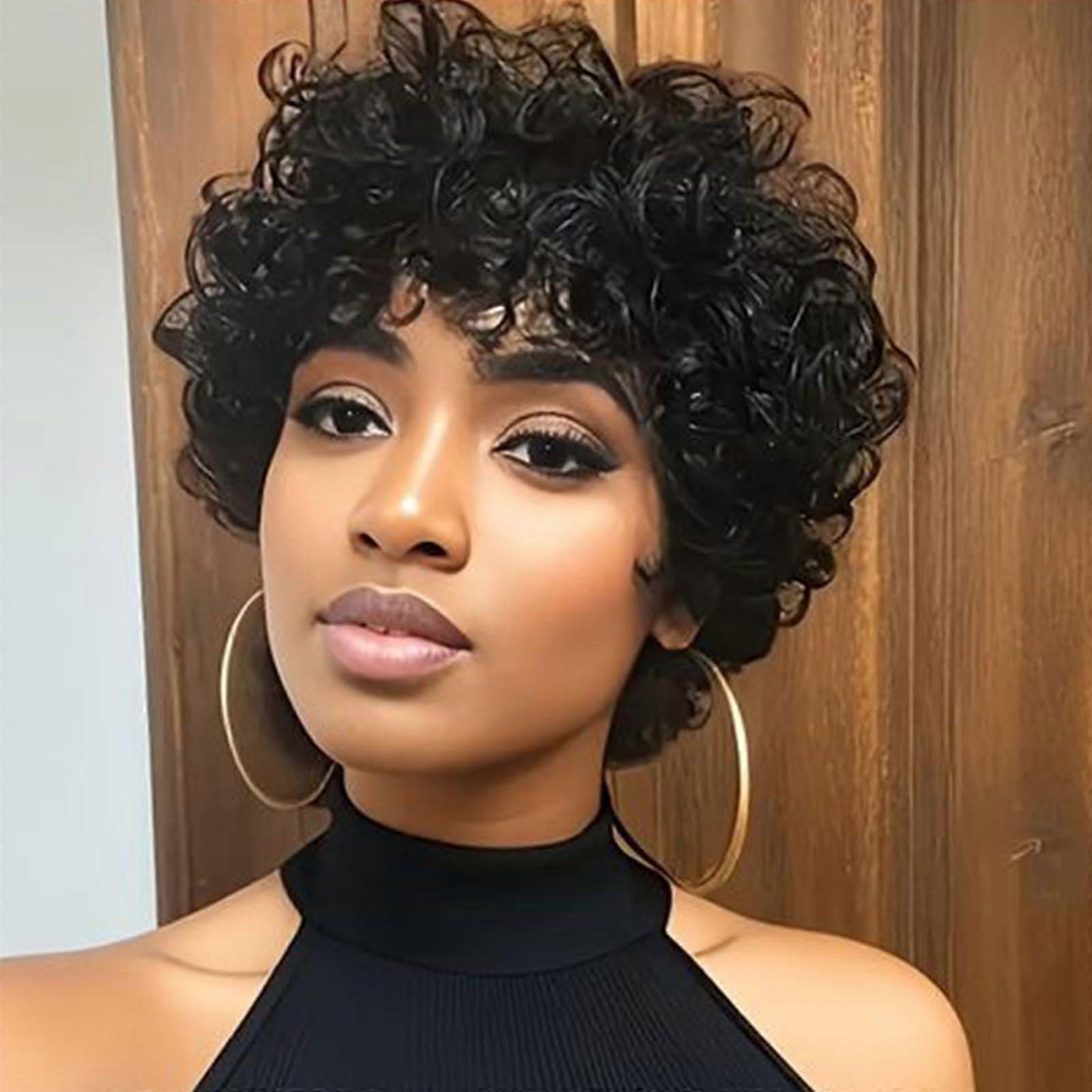 Short Curly Wig with Bangs for Black Women Natural Black Pixie Cut Soft Bouncy Curls