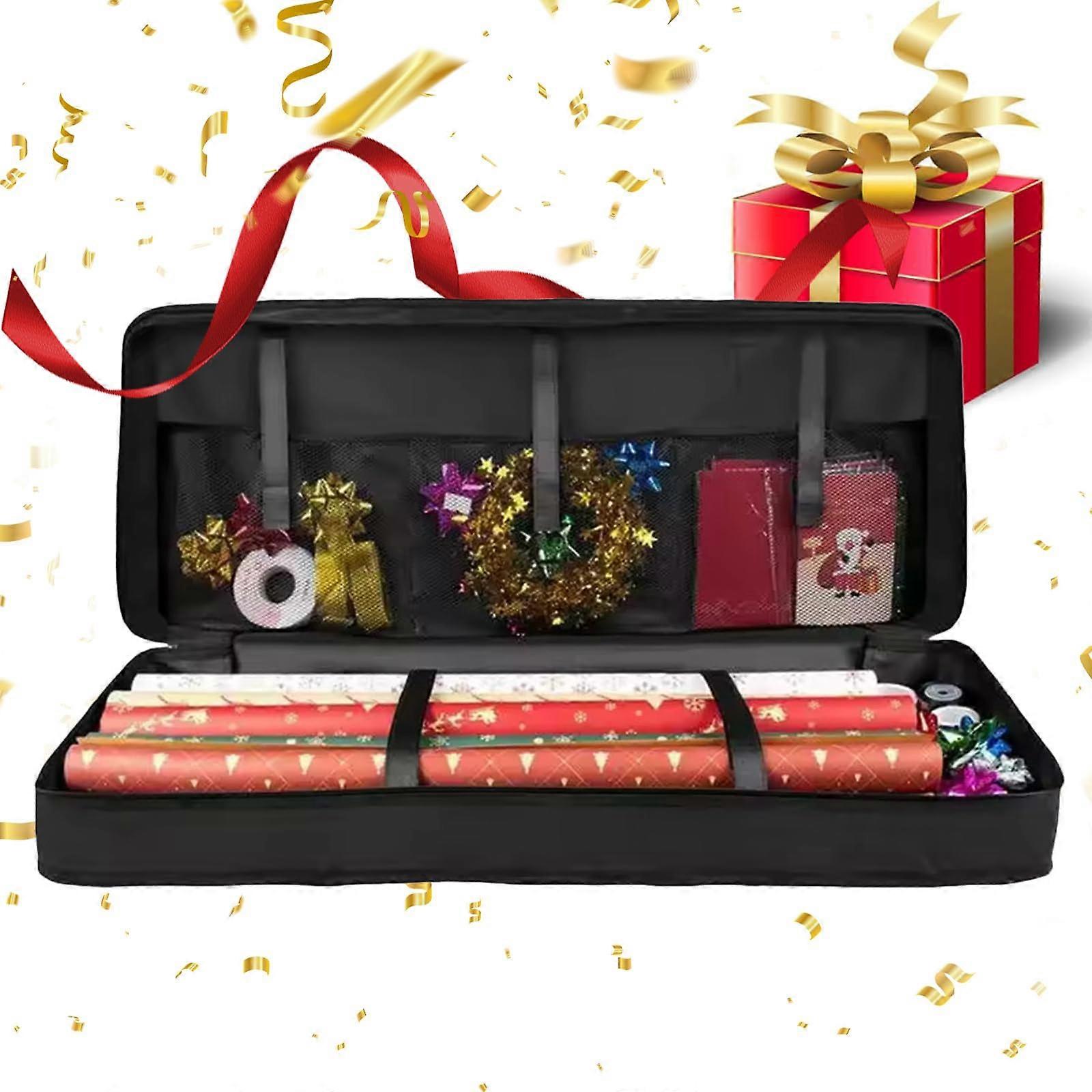 Wrapping Paper Storage Bag with Zipper, Waterproof Gift Wrap Organizer with Mesh Pockets, Foldable