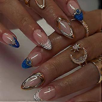 1 set di unghie finte a mandorla con french manicure e strass, riutilizzabili e comode, multicolore.