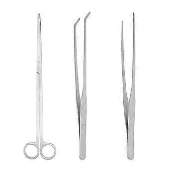 Stainless Steel Aquarium Aquascaping Tools, 27cm Straight and Curved Tweezers, Curved Scissor, Tank Cleaning and Planting Set, 3pcs, Silver