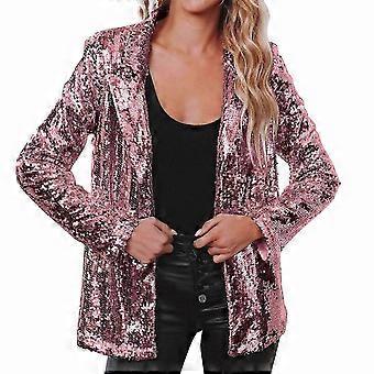 Women's Rose Gold Glitter Sequins Open Front Blazer Coat Casual Long Sleeve Lapel Collar Sparkly Cardigan Outerwear XXXL