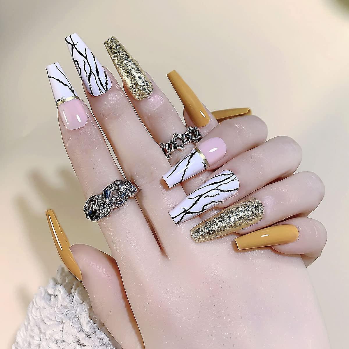 Katea24pcs釘の長い棺桶の偽の釘のデザインフランスの爪のヒント落書きの偽の爪女性のための女の子のフルカバースティックネイルオンネイル