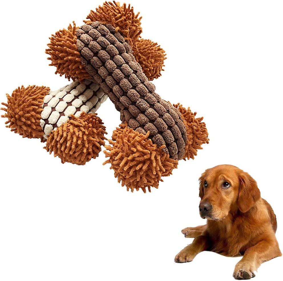2pcs Dog Bones Toys, Non-Toxic Durable Plush Dog Toy Built-in Vocal Airbag Pet Chew Dental Toy for Interactive Play Training, Brown/White