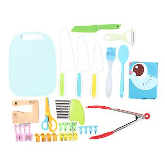 33Pcs Kids Kitchen Knife Set Faca de Madeira Serrilhado Bordas Faca de Plástico Batata Descascador de Faca Tábua de Corte e Mais