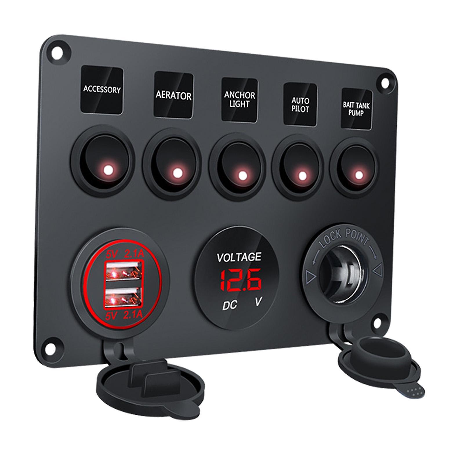 5 Gang Rocker Switch Panel with Light Multifunction Toggle Switch Panel for RV Automotive Marine Vehicles Trailer