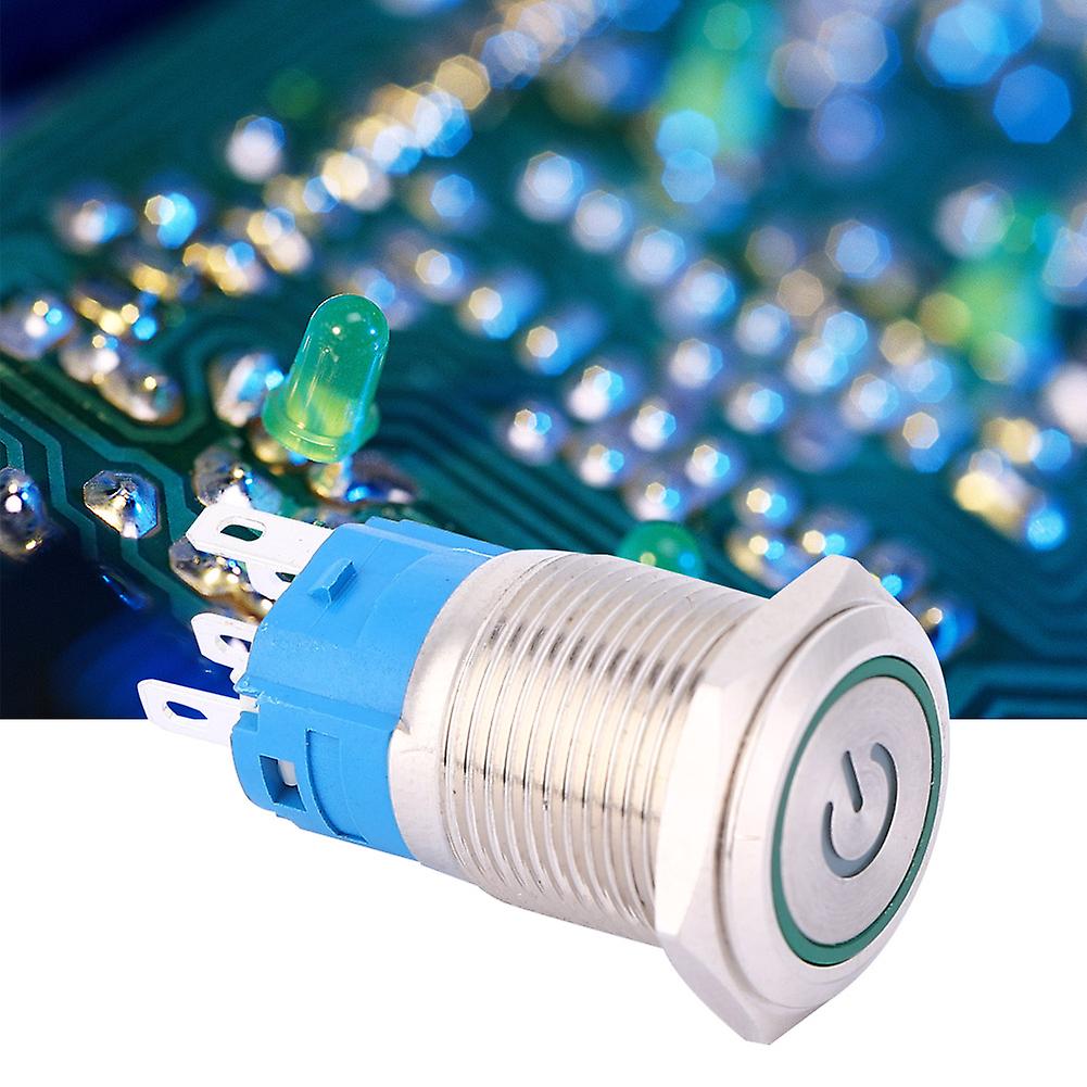 SelF Reset Metal Push Button 16mm Green LED Light Source Switch Ring with Power Symbol (5V)