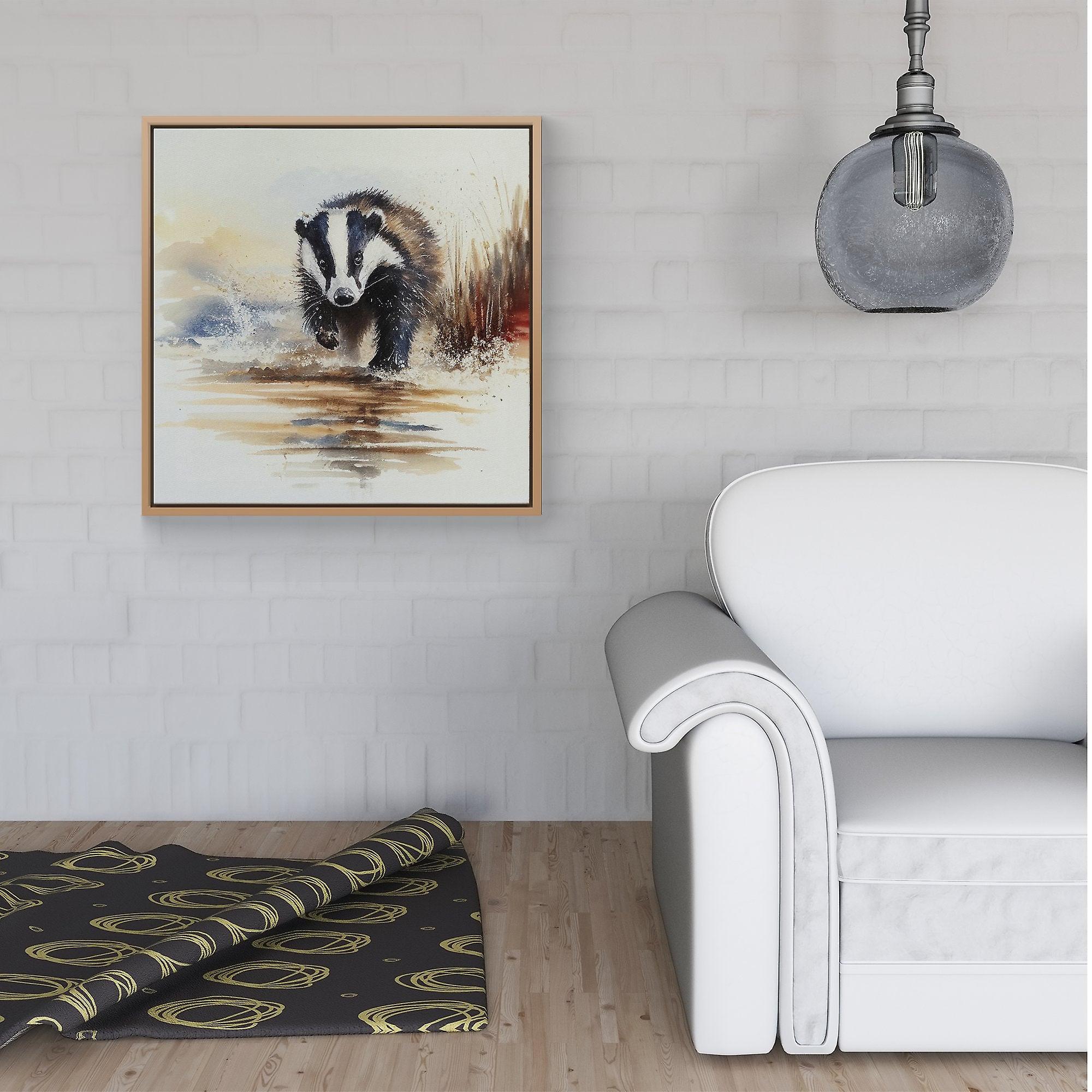 Wading Badger Watercolour Framed Canvas