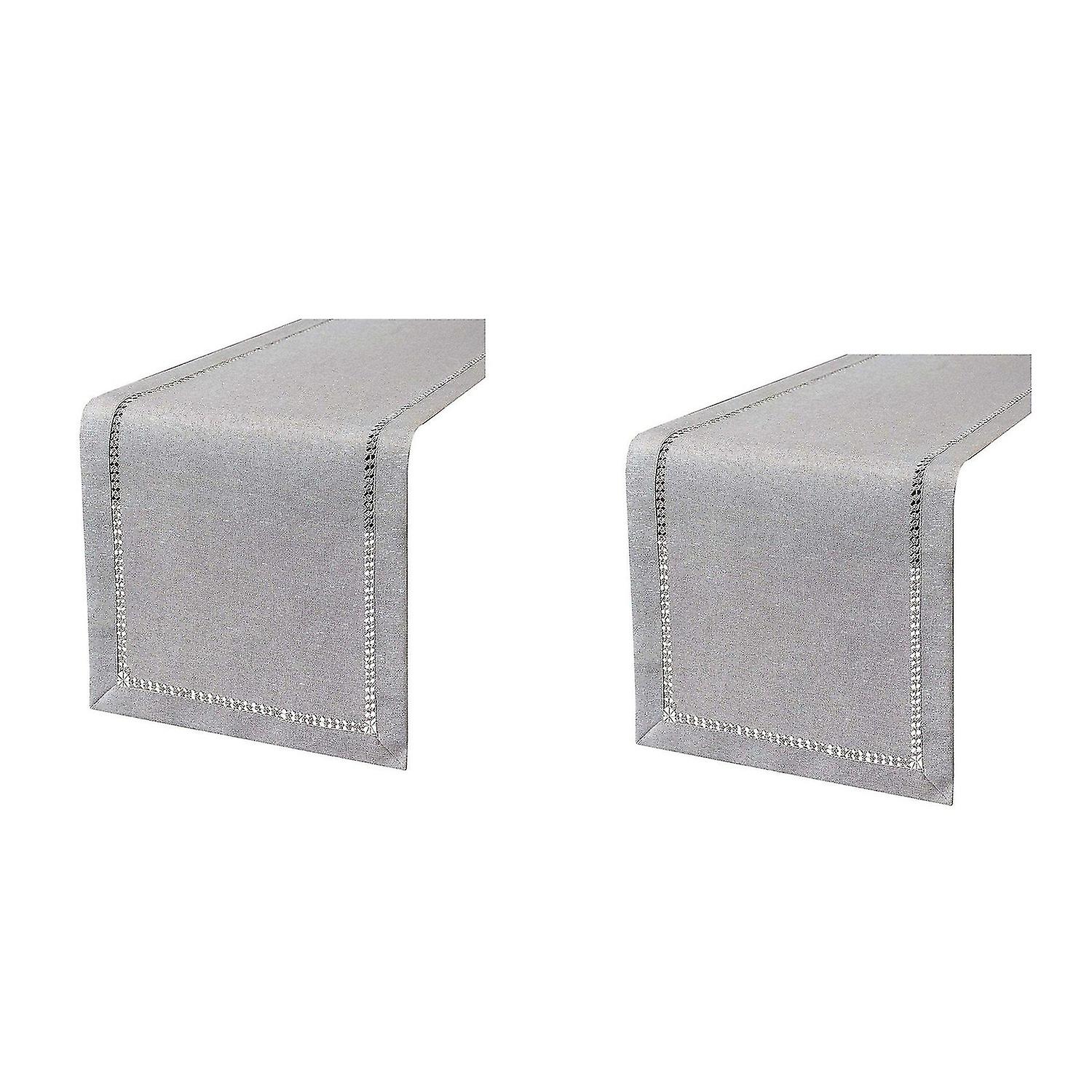 2x Hand Hemstitched Dining Table Runner Dresser Scarves, Silver Thread Interweaving (light Gray, 12