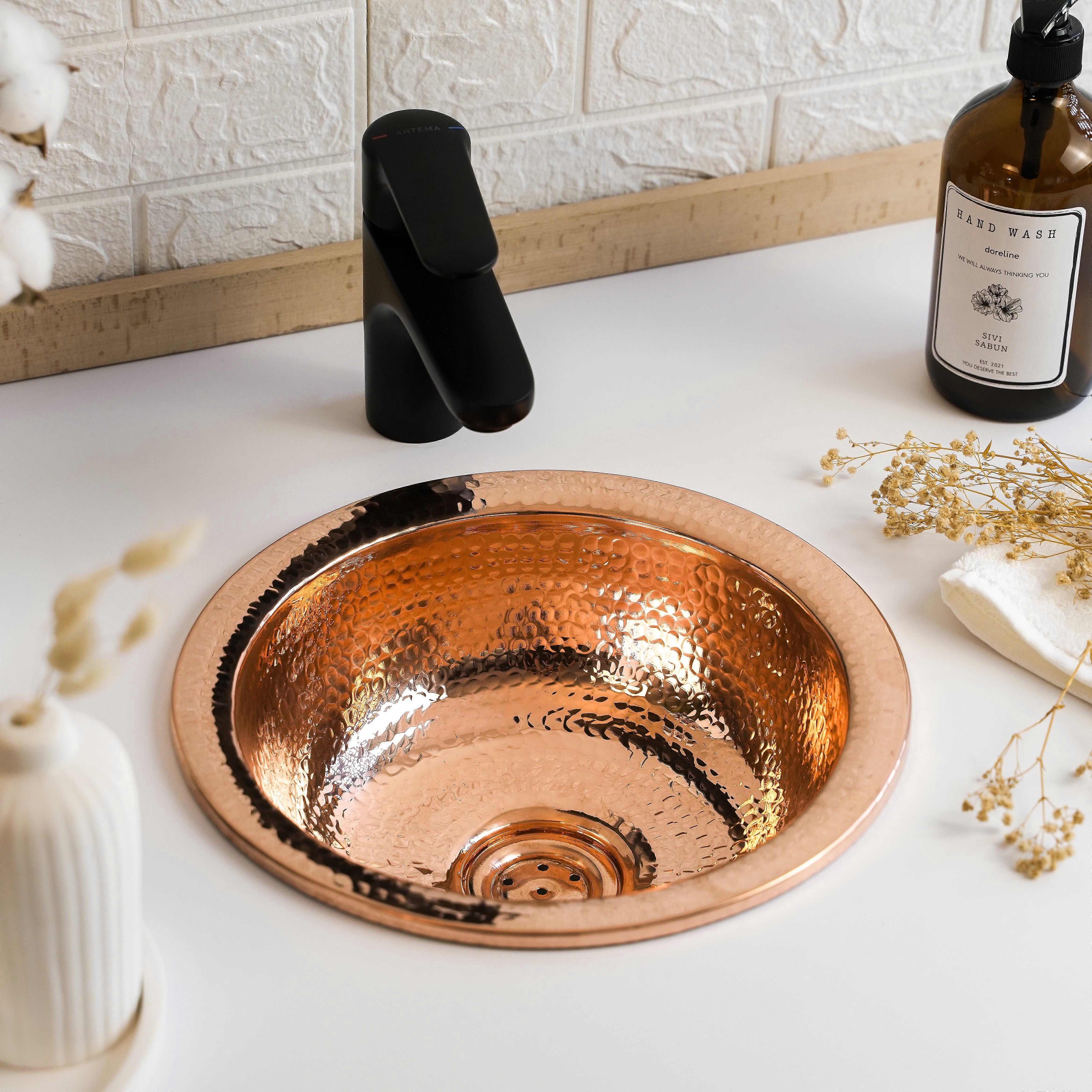 Round Solid Copper Kitchen And Bathroom Sink | Handmade Farmhouse Drop-in / Undermount Sink