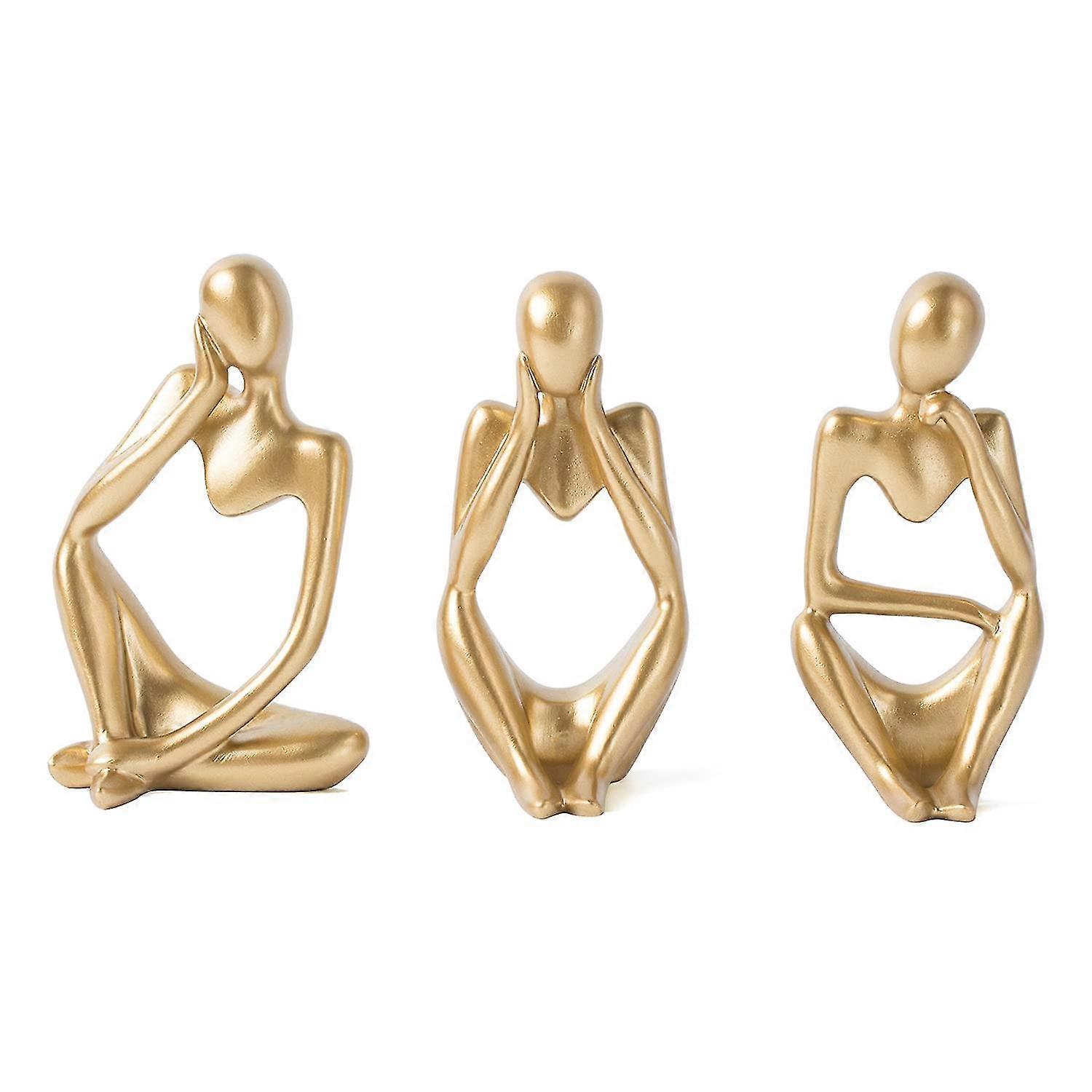 Golden Decorative Thinker Statue Abstract Art Sculpture, Set of 3 Golden Resin Collectible Statues for Home, Living Room, Office, Shelf