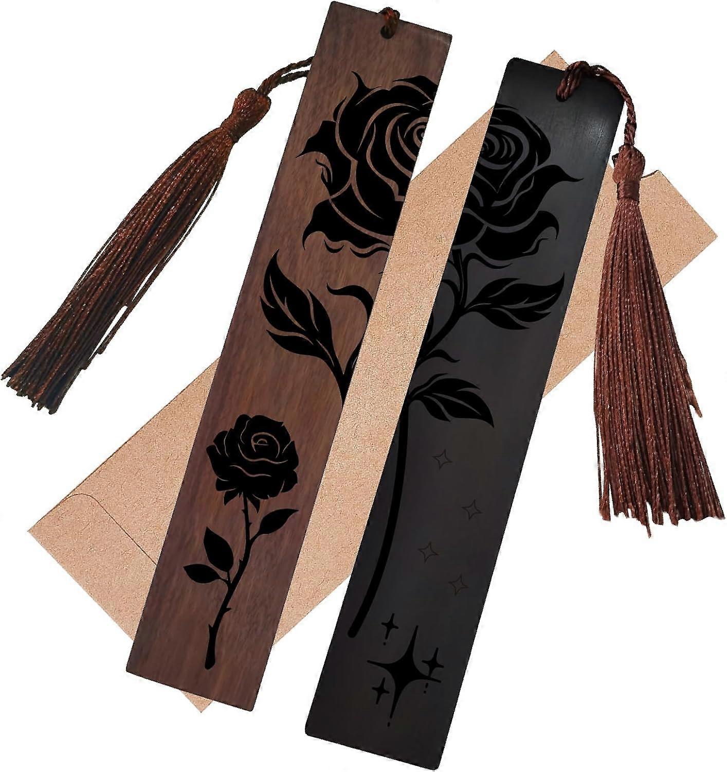 2Pcs木制书签花卉书籍标记玫瑰手工天然木书签带流苏复古书签男士女士书籍爱好者读者礼物