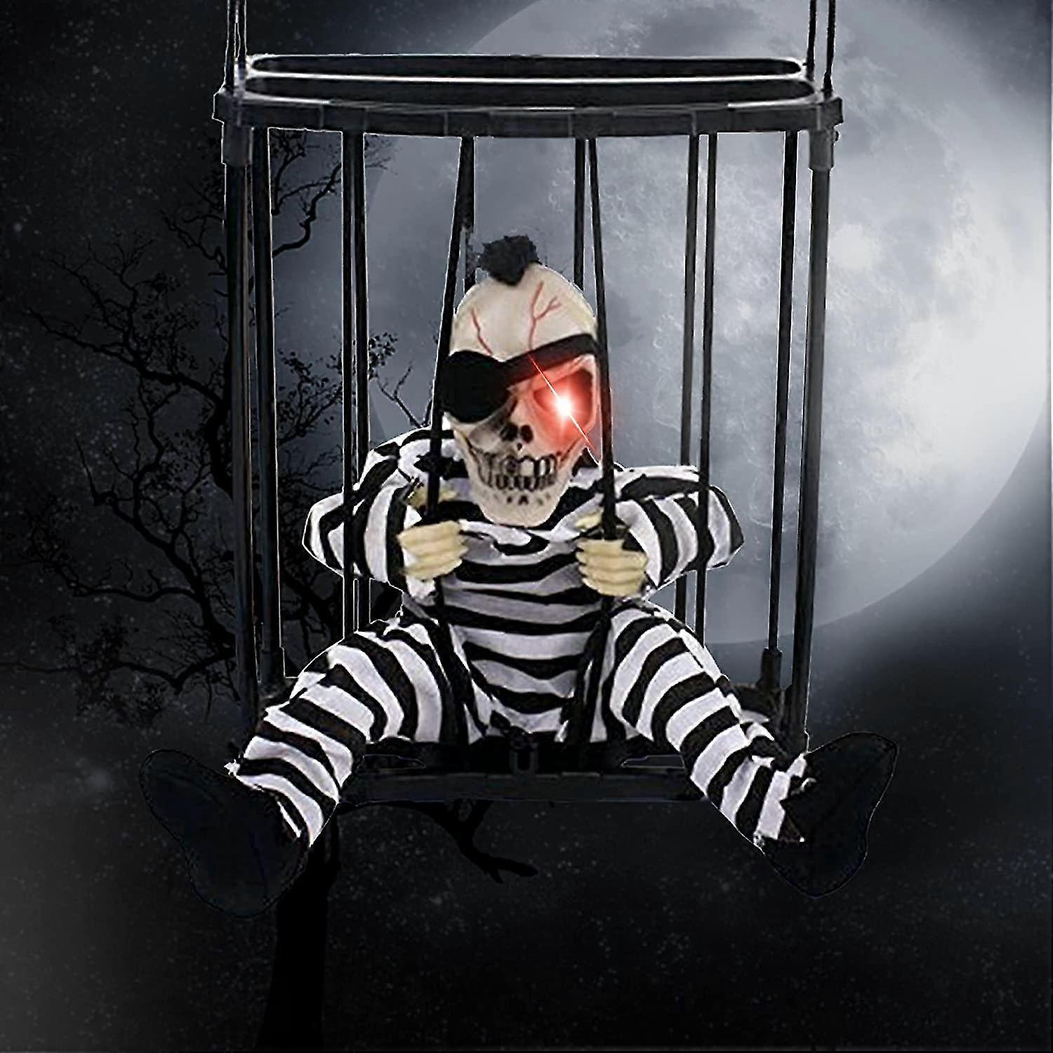 skull prisoner toy halloween animatronics scary toys motion sensor hanging skeleton toy prisoner caged jail