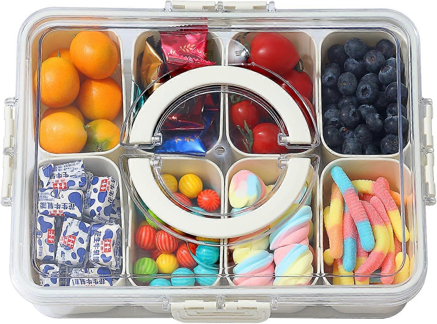 Divided Serving Tray with Lid and Handle - Snackle Box Charcuterie Container for Portable Snack Platters - Clear Organizer for Candy, Fruits, Nuts, Sn