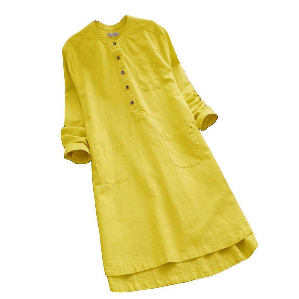 Femmes Retro Coton Lin Manches Longues Décontracté Loose Solide Long Tops Chemisier Mini Sh