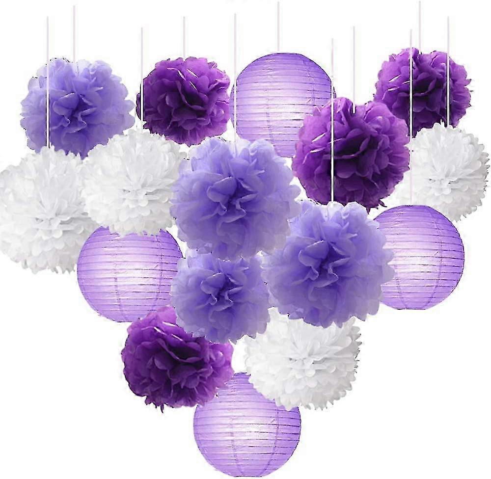 Set of 16 Pcs Mixed Hot Gold Purple Color Paper Lanterns, Paper Balls, Paper Pom Poms