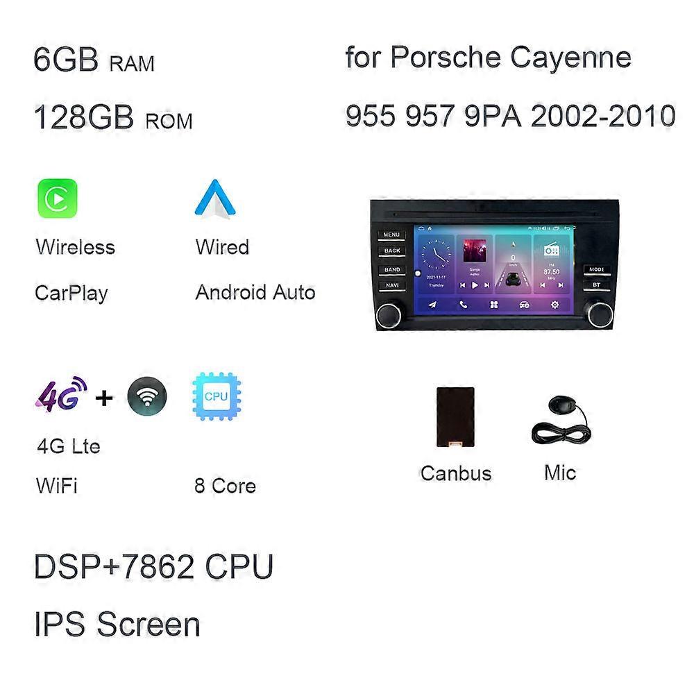 7 "كاربلاي DSP IPS أندرويد 12.0 8 جيجابايت + 128 جيجابايت 8 كور مشغل الوسائط المتعددة GPS راديو واي فاي لبورش كايين 955 957 9PA 2002-2010