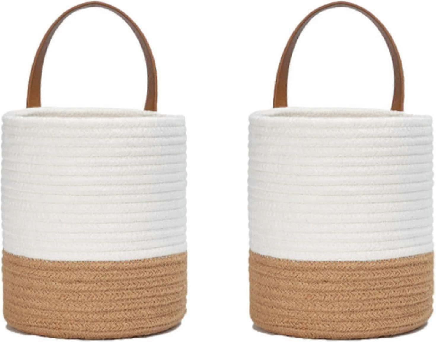 2 Cotton Rope Woven Plant Baskets,white+jute