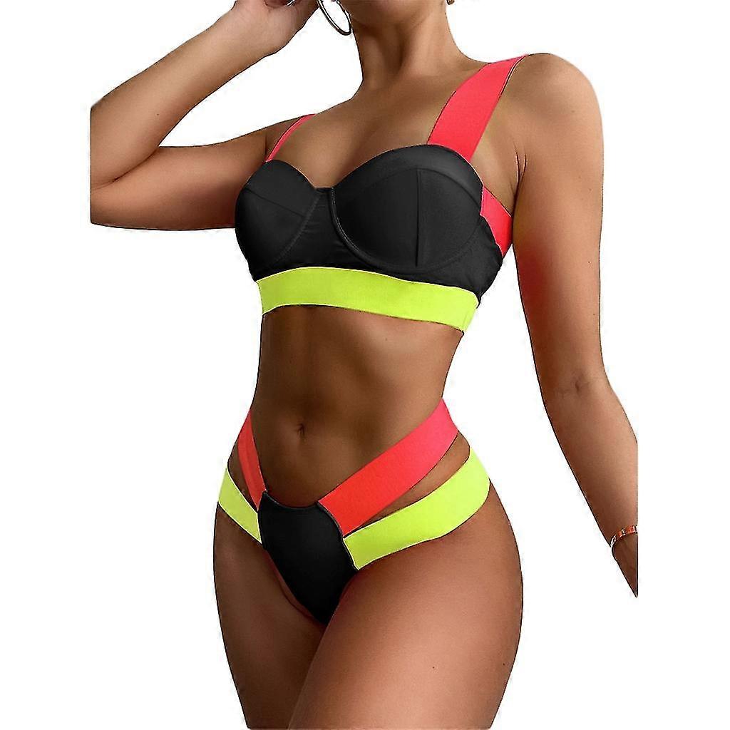 High Cut Color Block Bikini Set Cute Underwire Swimsuits Push Up Bathing Suit
