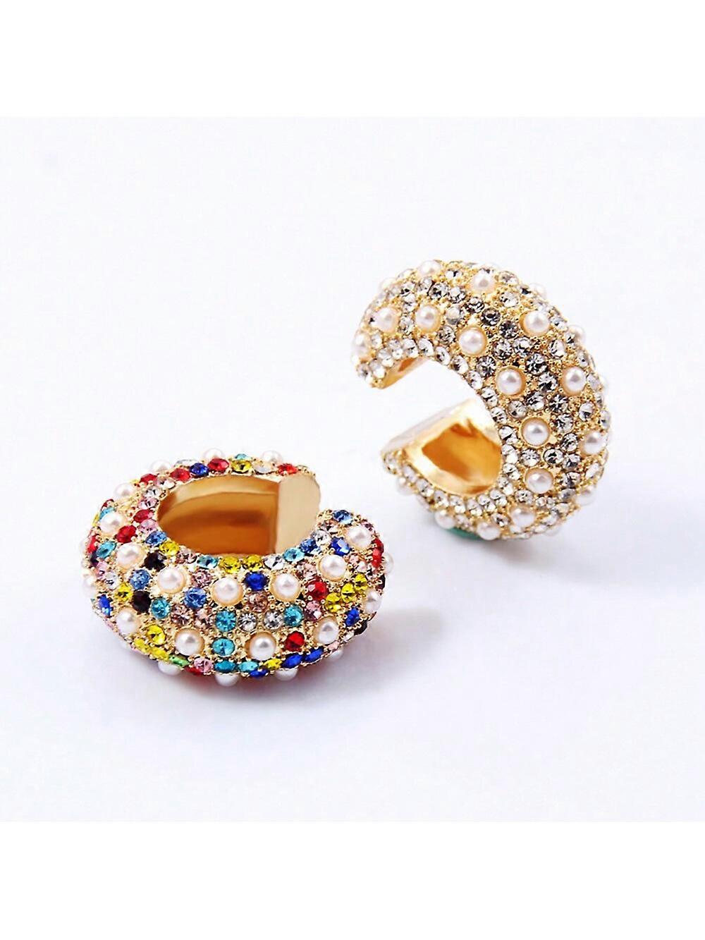 ヨーロッパとアメリカのスタイルのカラフルなラインストーンノンピアスクリップオンイヤリング、メタルレインボーC字型イヤーカフ、女性のためのヴィンテージパールイヤージュエリー