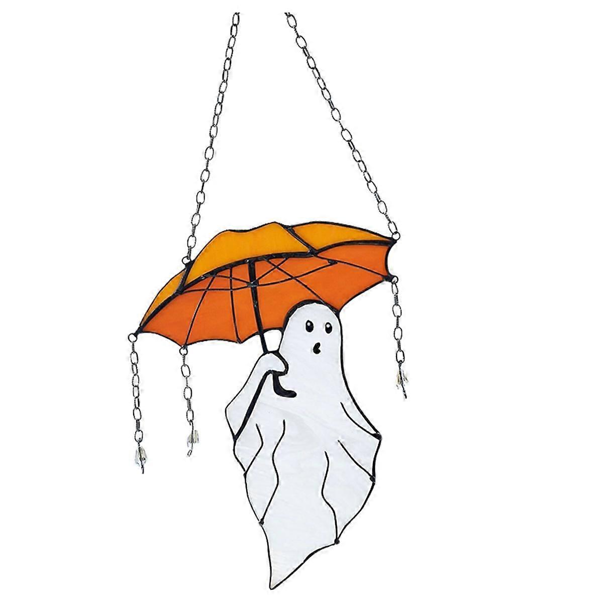Funny Halloween Ghost with Umbrella Stained Suncather Halloween Decor, Wall Sun Catcher