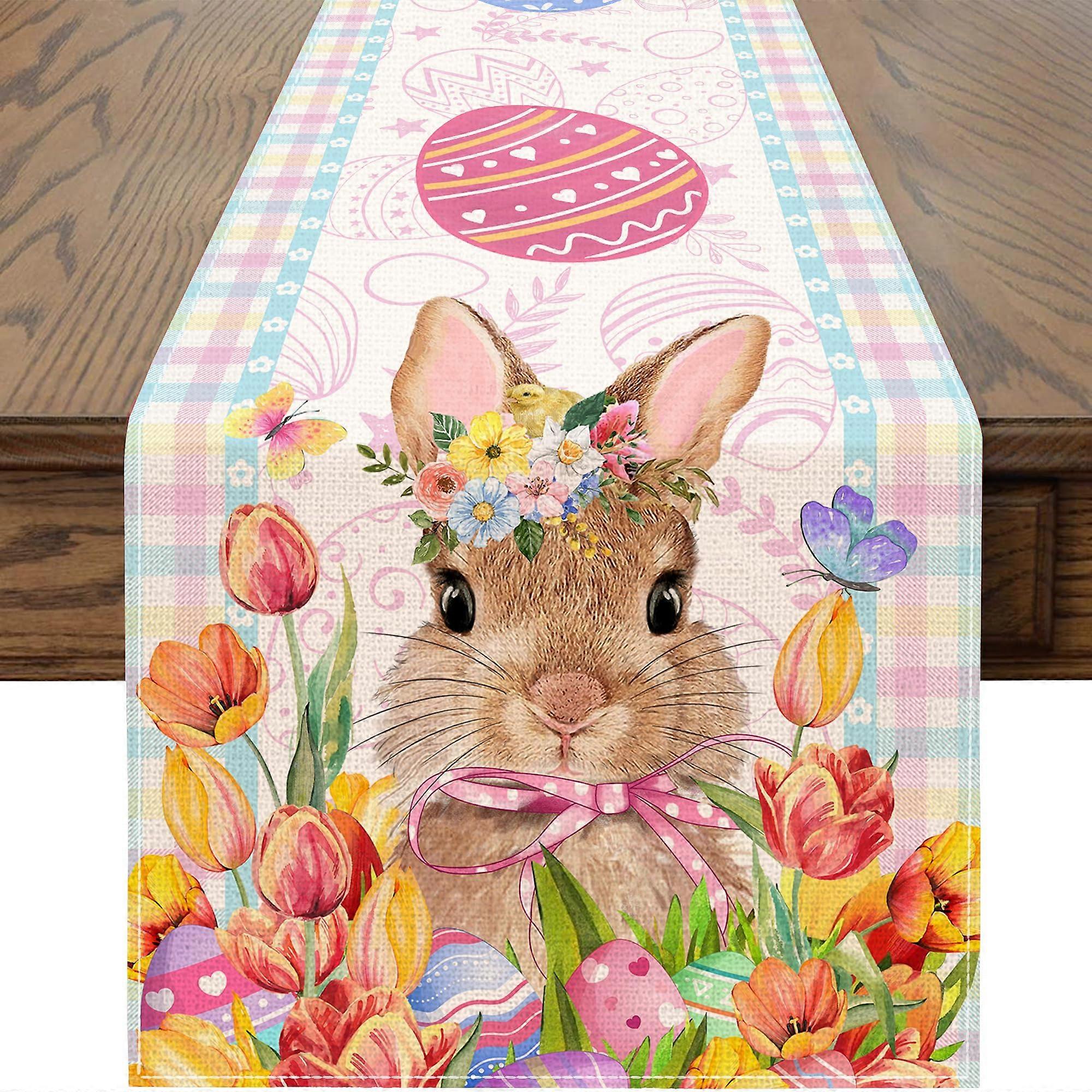 Easter Bunny Eggs Plaid Check Table Runner for Dining Table Home Party Decorations 72 Inch