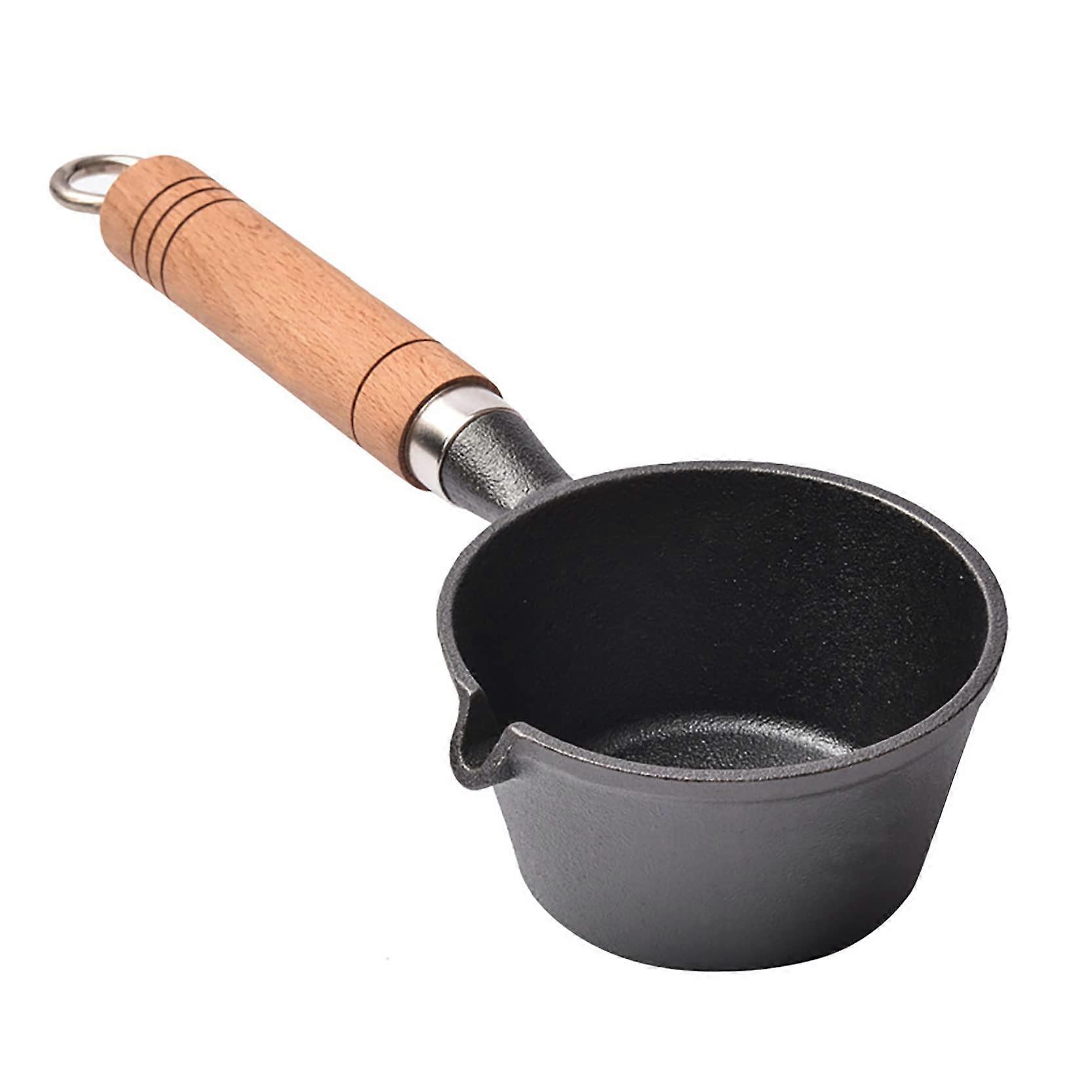5.1 Inch Mini Cast Iron Butter Warmer with Wood Handle & No Coating (8.8 oz Capacity)