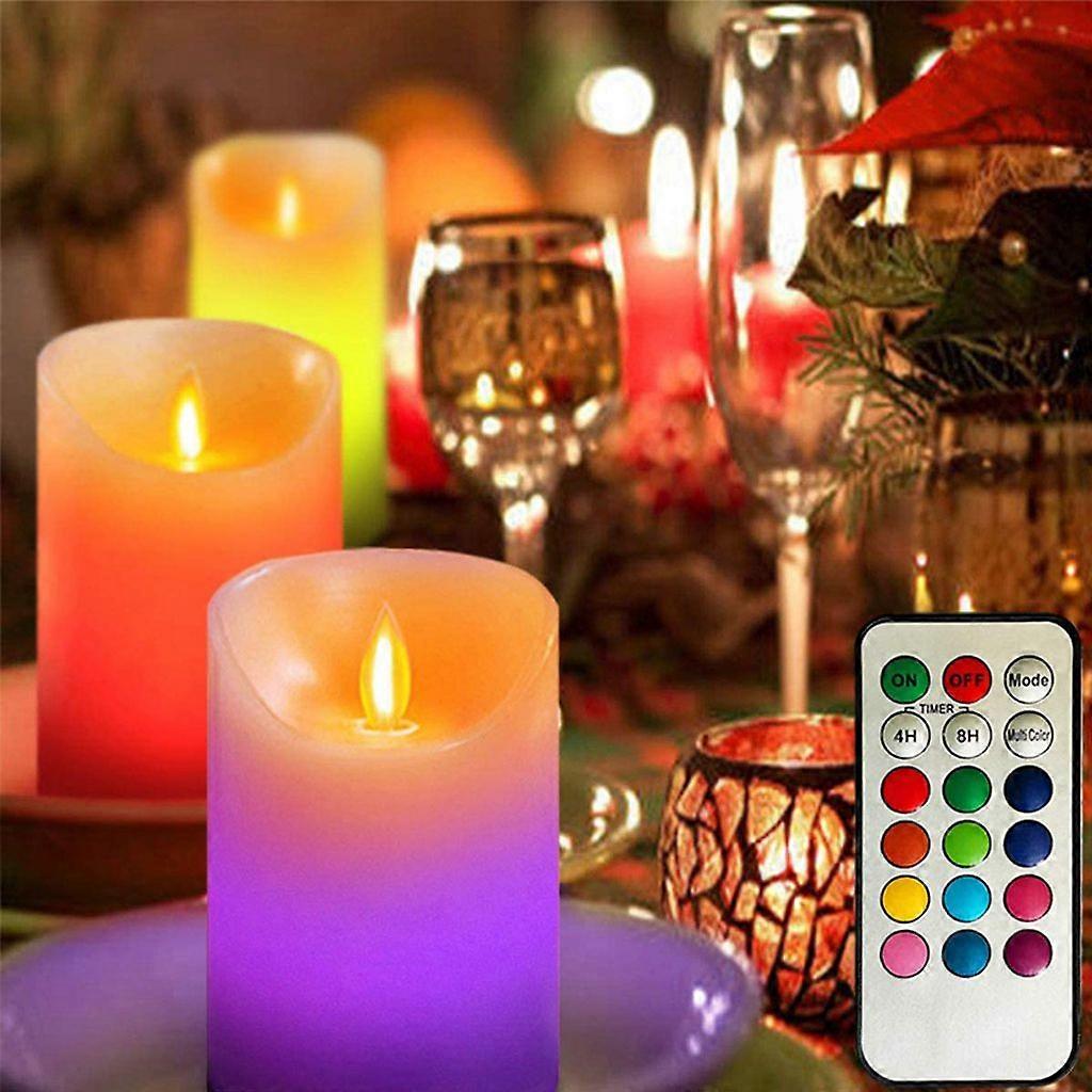 LED Kerzen 3er Set mit Timer und Fernbedienung Warmweiß Bunt Flammenlos Flackernde Flamme Elektronische Batteriebetriebene Kerzen, S+M+L