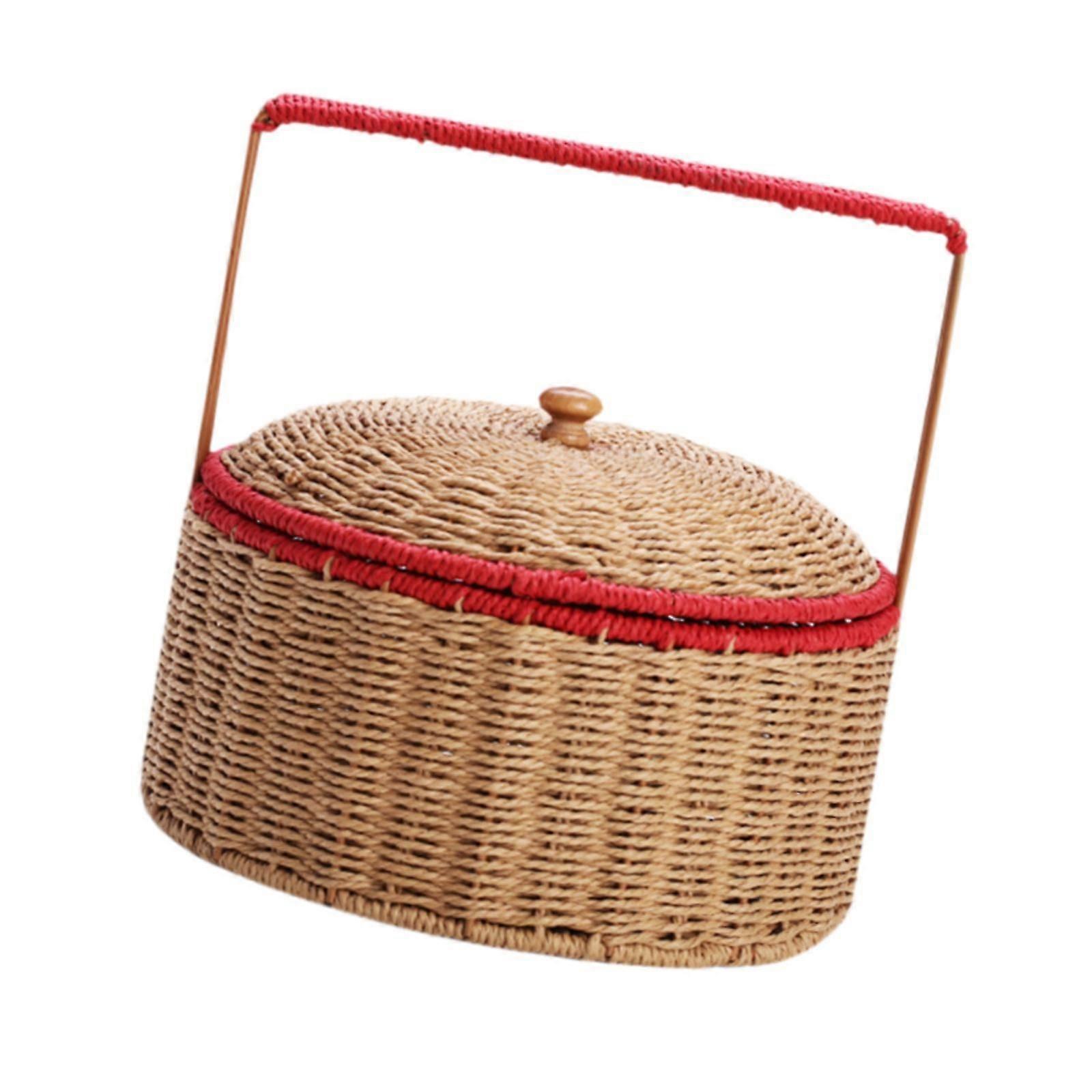 Handwoven Basket with Handle Decorative Paper Rope Basket for Kitchen Hiking Single Layer