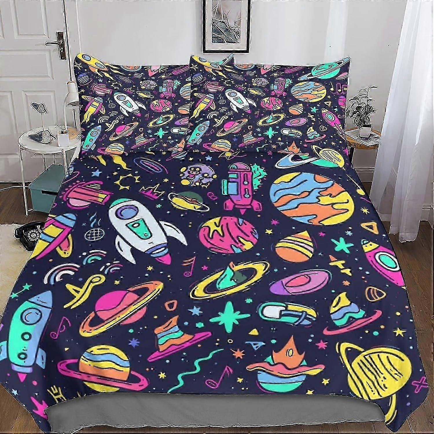 o5710 Lakens Galaxy Planet Rocket 3D Print Quilt Cover 3 Stuks Universe Dekbedovertrek Beddengoed Set met Microvezel met Verborgen Ritssluiting met P