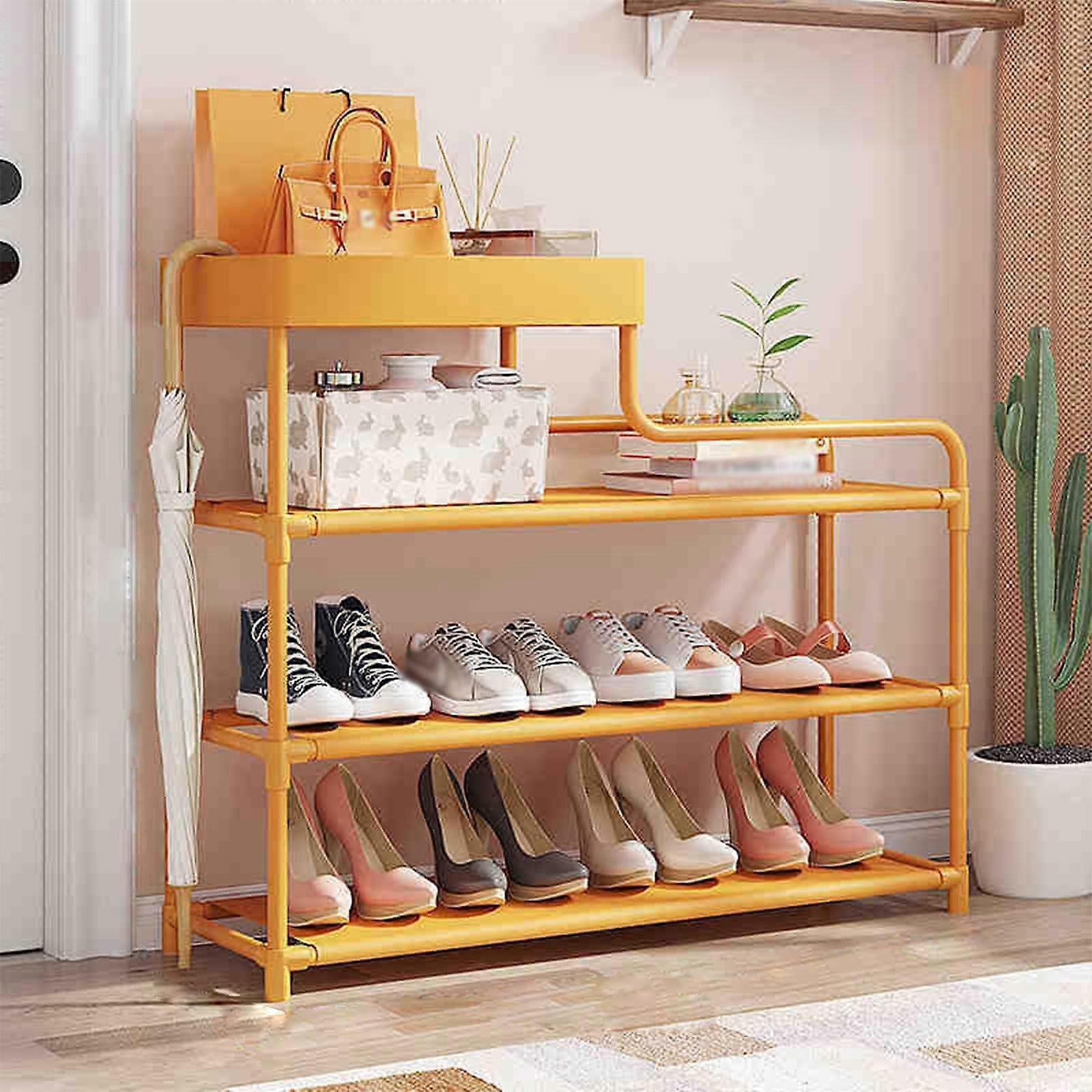 Vertical shoe rack for small spaces – adjustable tall narrow with hooks (Yellow)