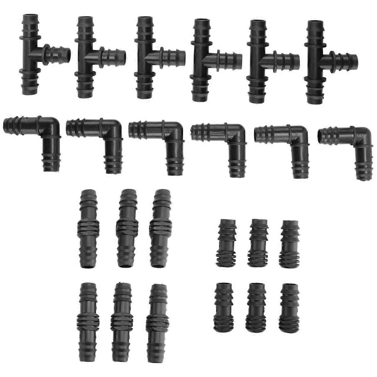 Irrigation Fittings Kit for Drip Tubing -6 Tees, 6 Couplings, 6 Ends, 6 Elbows - 16mm Compatible Drip Sprinkler Systems