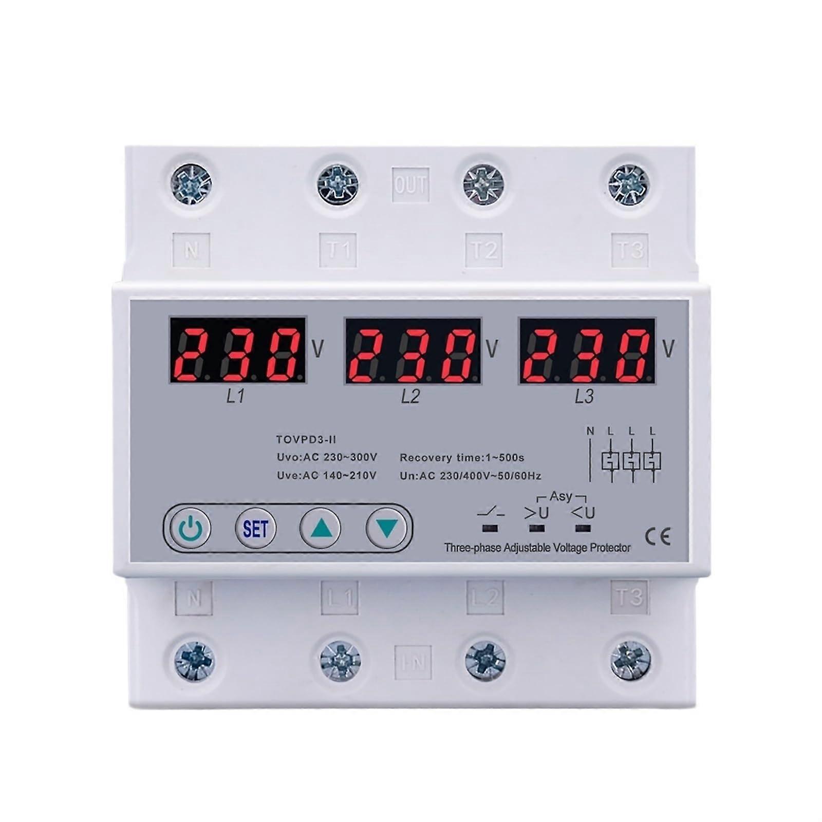 Three Phase Adjustable Over and Under Voltage Protector 3 Automatic Phase Recovery Protective Device Reset 63A 380V 1Pcs