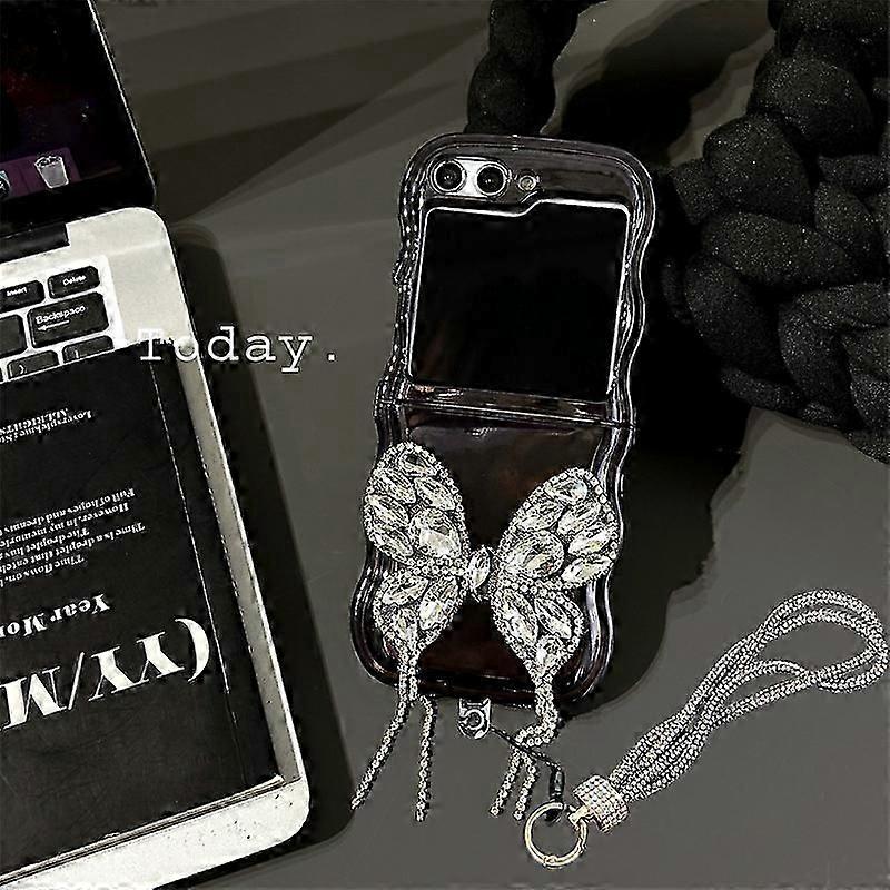 Samsung Galaxy ZFlip6 Shiny Butterfly case, electroplated wavy gem Butterfly Galaxy ZFlip6 folding screen case with bracelet
