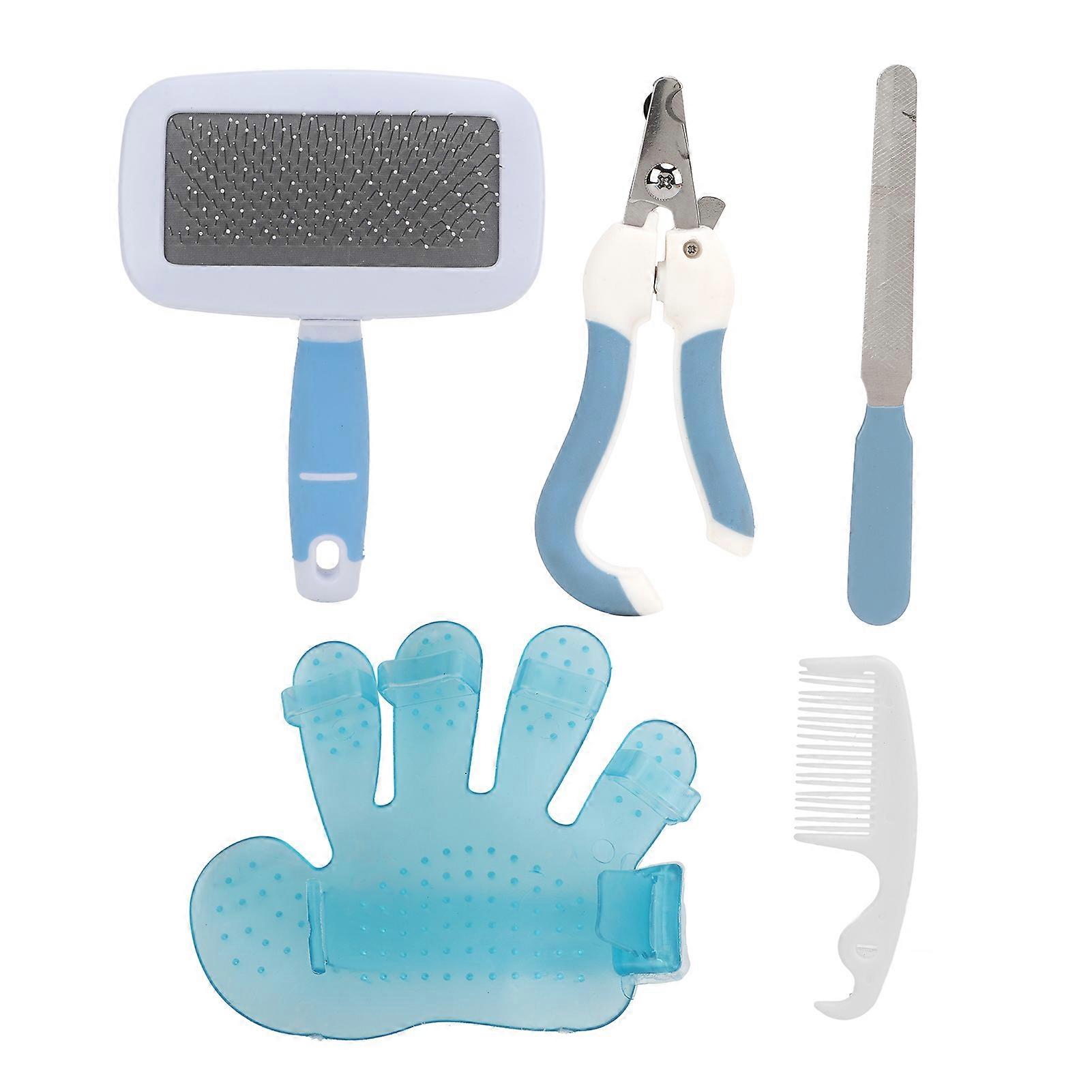 Rabbits Grooming Kit Bath Brush Comb Needle Comb Nail Clipper Nail File Set for Small AnimalS Blue