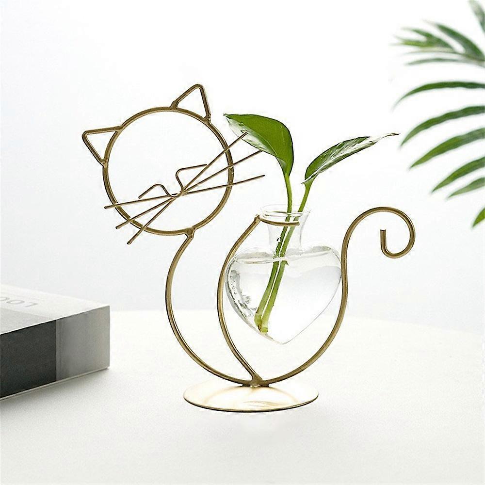 Sitting Cat-Shaped Iron Plant Holder Hydroponic Flower Vase Creative Ornament for Home Decor