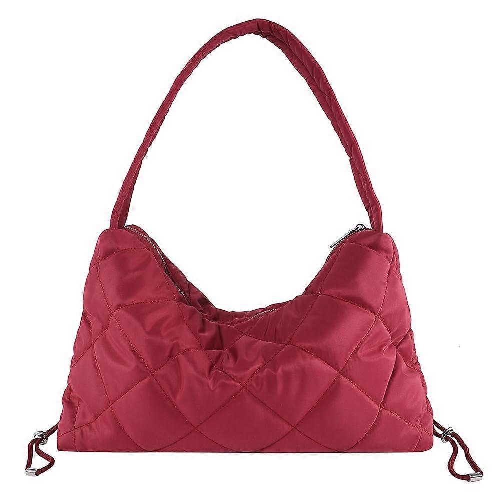 Women's Large Capacity Shoulder Bag Stylish Quilted Grid Purse Work Tote with Strap Retro Drawstring Handbag Clutch for Shopping Daily Use in Wine Red