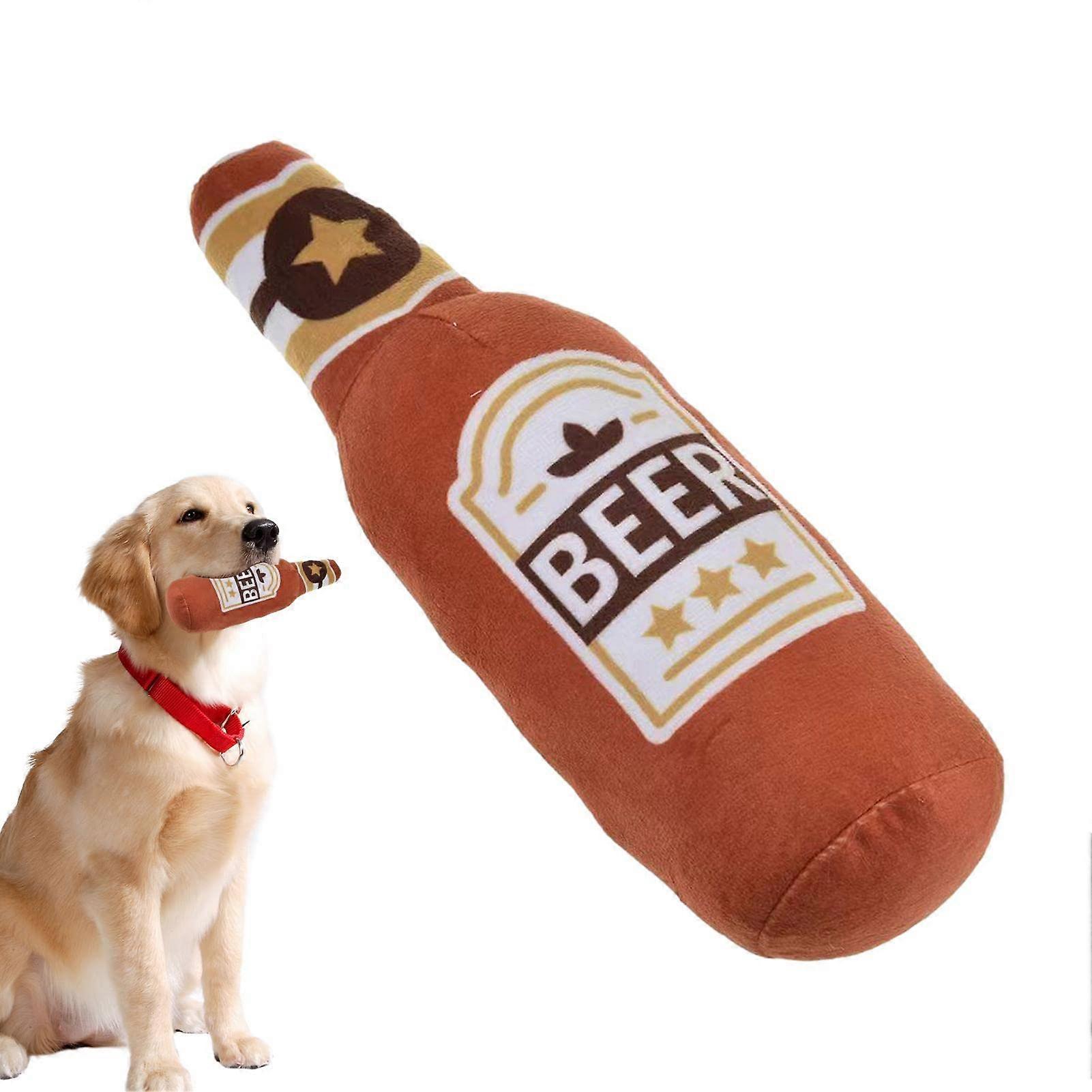 Squeaky Plush Dog Toy - Beer Bottle Chew Toy for Small, Medium, Large Dogs - Teeth Cleaning and Entertaining