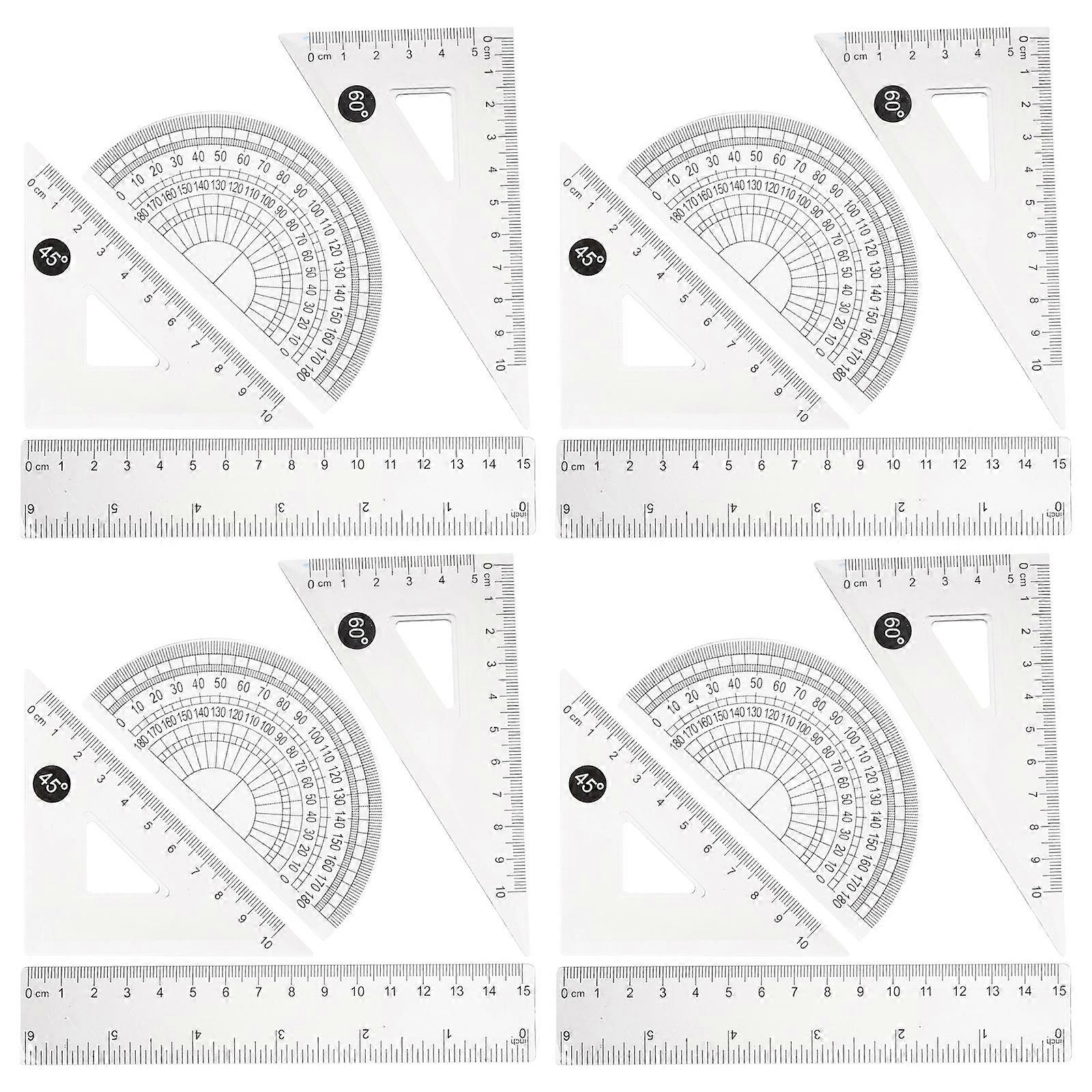 Geometry Drawing Tool Kit – 4 Sets Transparent Ruler Protractor Set for School, Art, Math, and Technical Design Supplies