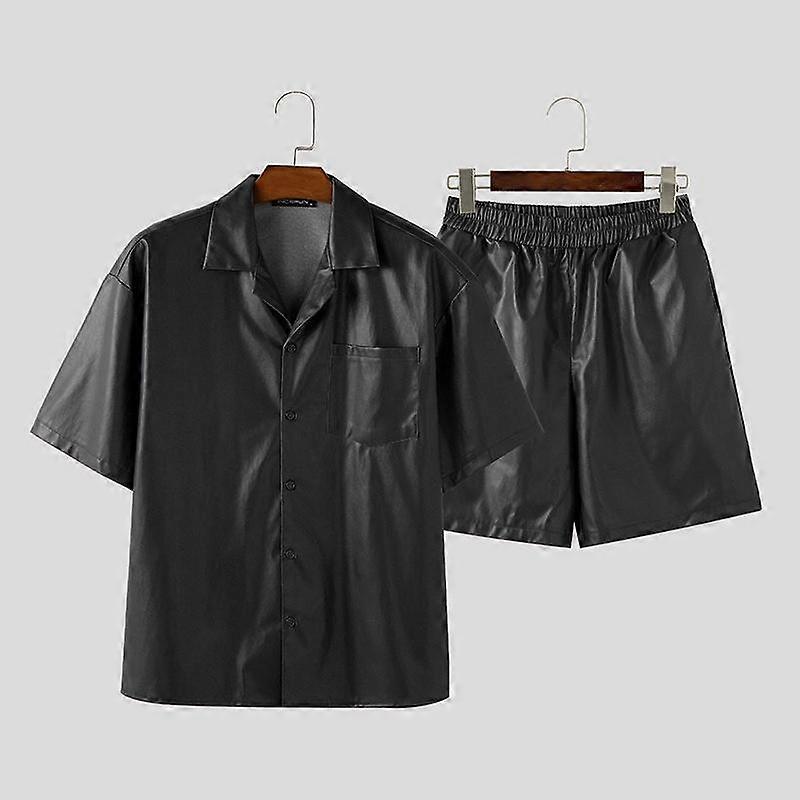 INCERUN Two Pieces Men Summer Lapel Short Sleeve Smooth PU Leather Shirts Shorts Casual Sets