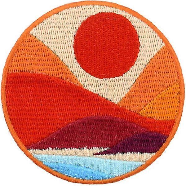 Embroidered Patches, Round Shape Sunset Nature Theme Iron on Sew on Applique Emblems