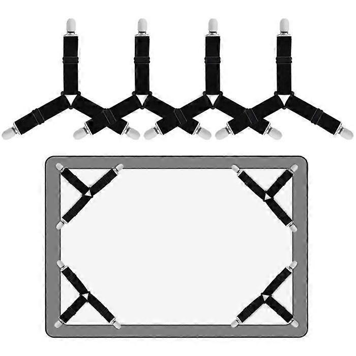 Bed Sheet Fasteners - 4 PCS - Triangle Elastic Straps - Metal Clips - Adjustable - Black