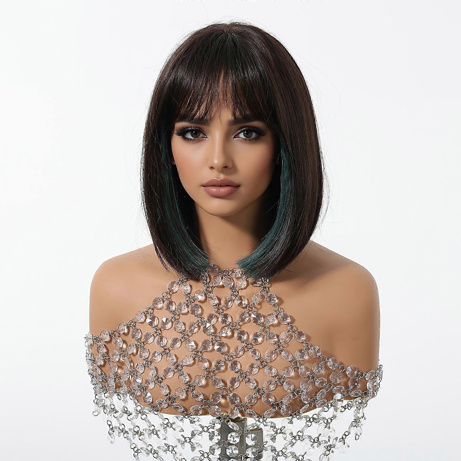 Black Bob with Blue Highlights Machine-Made Synthetic Wig for Daily Wear – Heat-Resistant, Natural-Looking, Easy-to-Wear Hairstyle