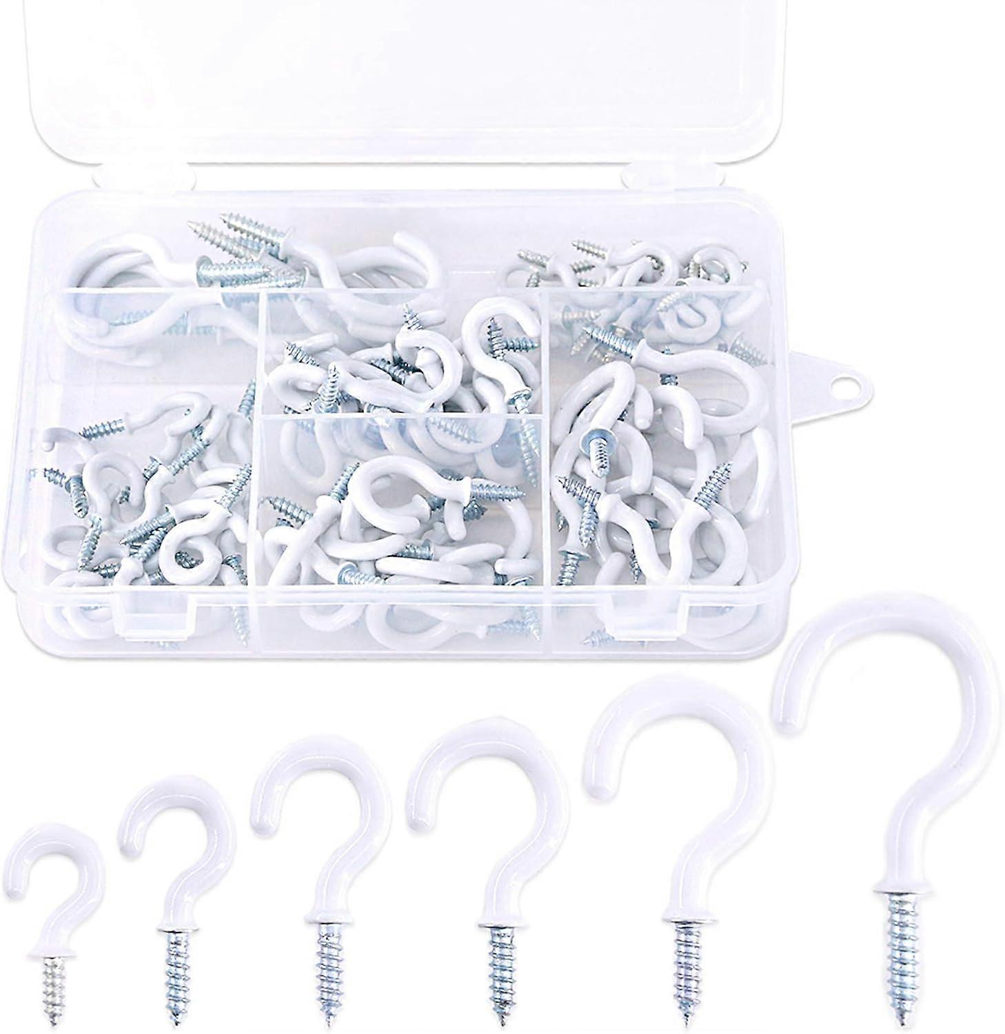 70 Pack White Vinyl Coated Screw-In Ceiling Hooks 6 Sizes,