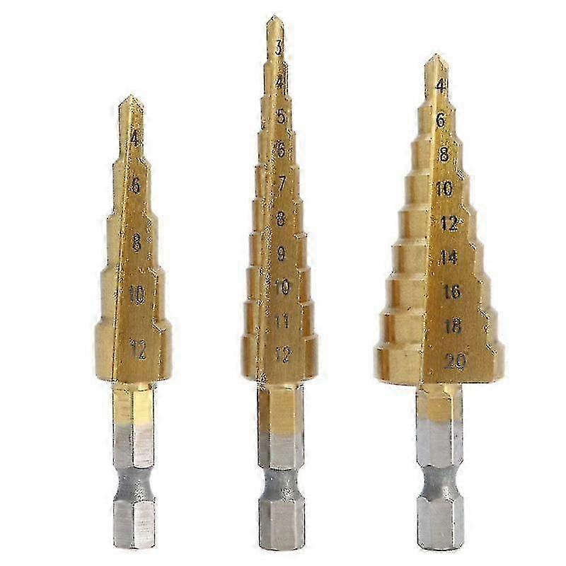3 Pcs High-Speed Steel Step Drill Bit Set Power Tools Cone Titanium Coated Metal Hole Cutter 1/4 in