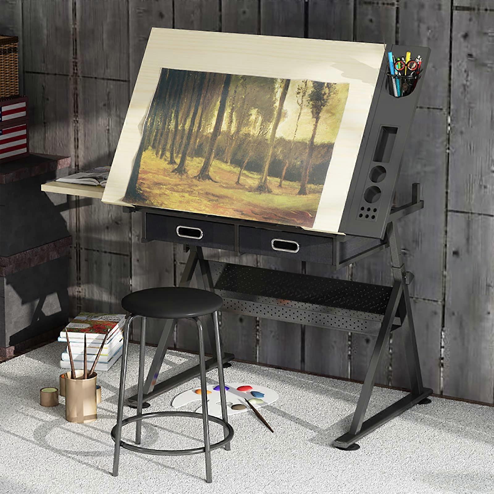 Wood Drafting Table And Stool Set Height Adjustable Tilting Large Surface Tabletop For Artists And Writers