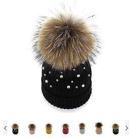 Kadın Yün Fasulye Gerçek Doğal Kürk Pom Pom Moda İnci Örme Şapka Kadın Beanie Cap Pompom Kış Şapka Fz51-2