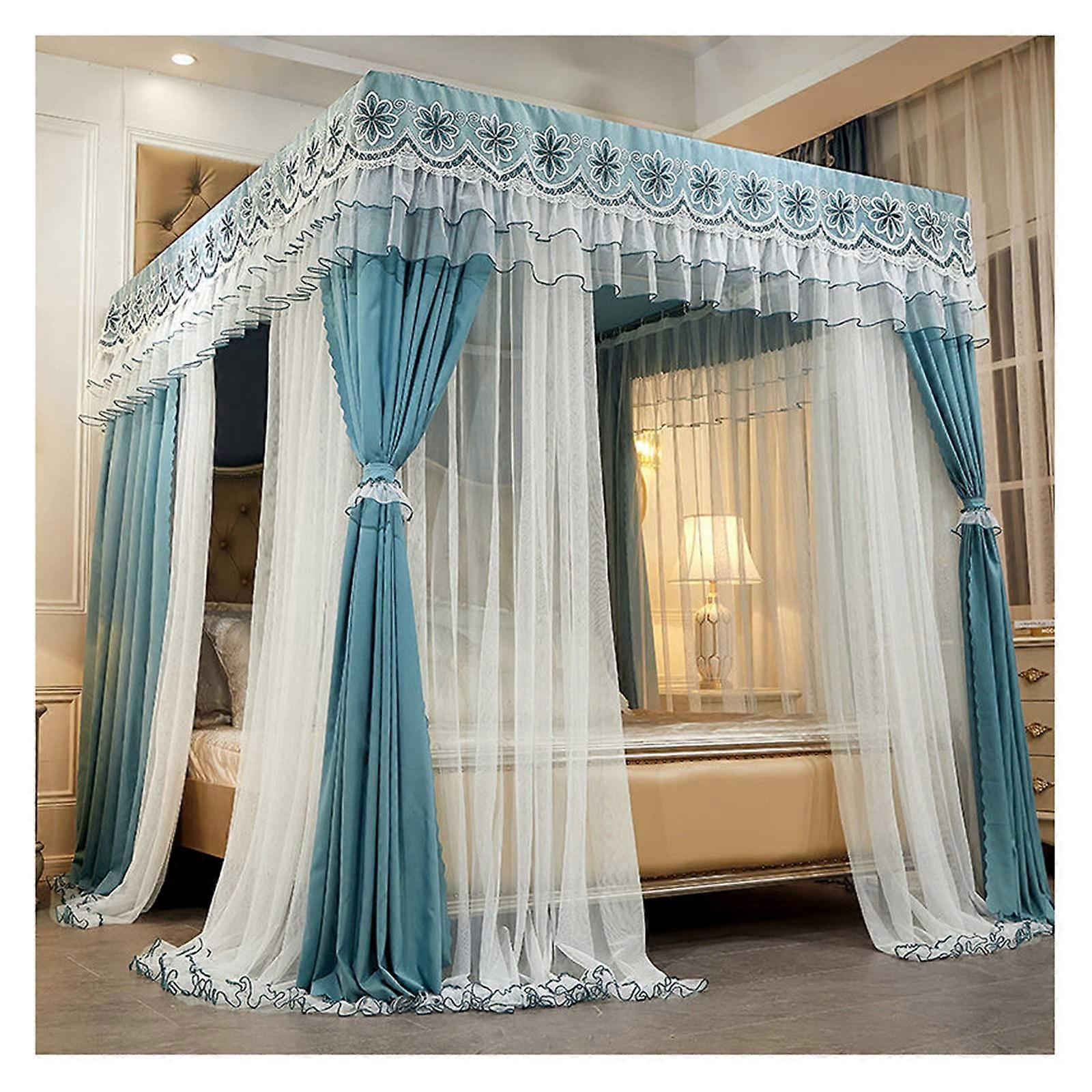 Princess Bed Canopy Mosquito Net Double Bed Size 1.5x2m Blue Embroidery Lace Double Layer 4 Corner Post Blackout Curtains