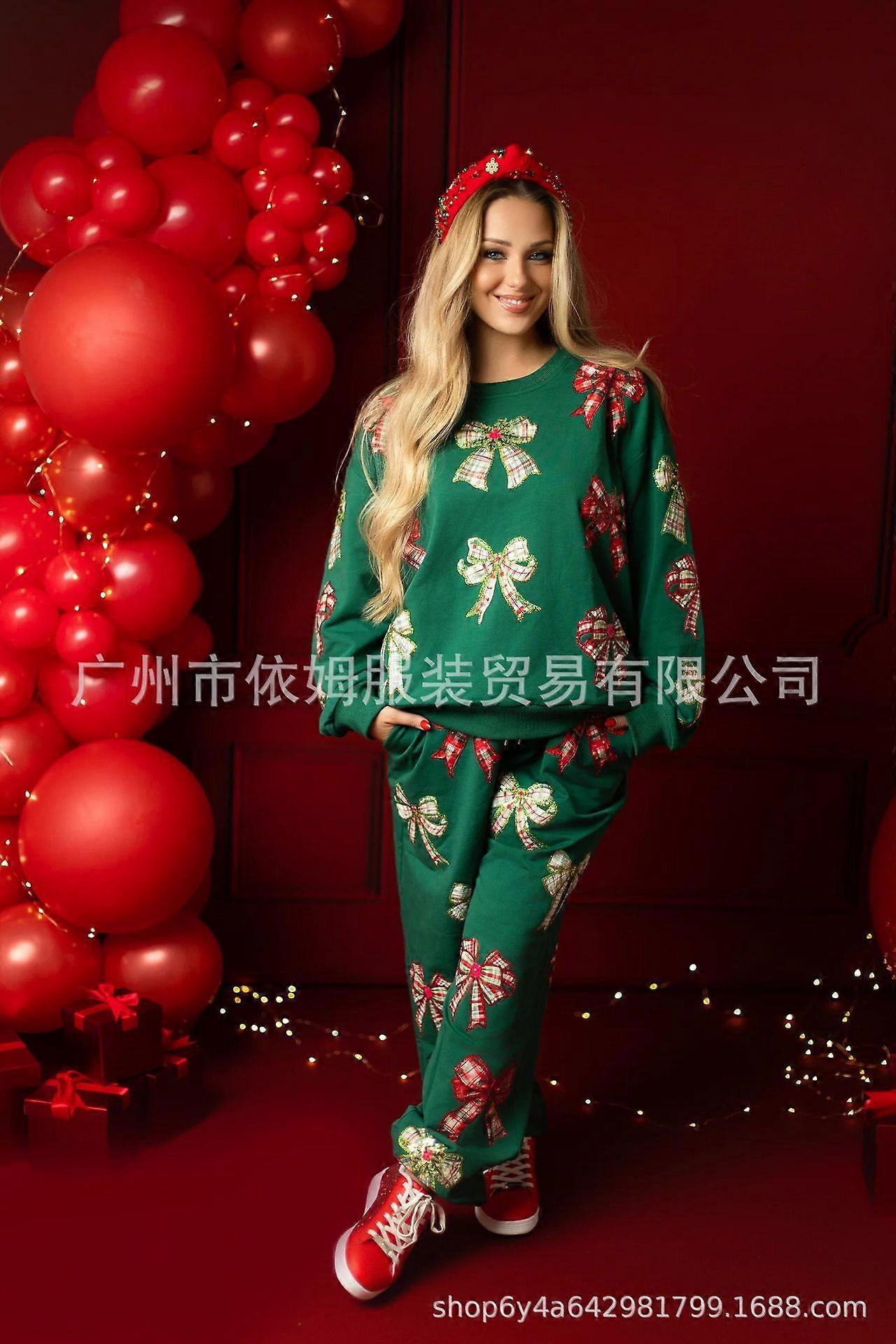 Christmas Bow Sequin Jogger Sweatsuit Set Women's Two Piece Outfit