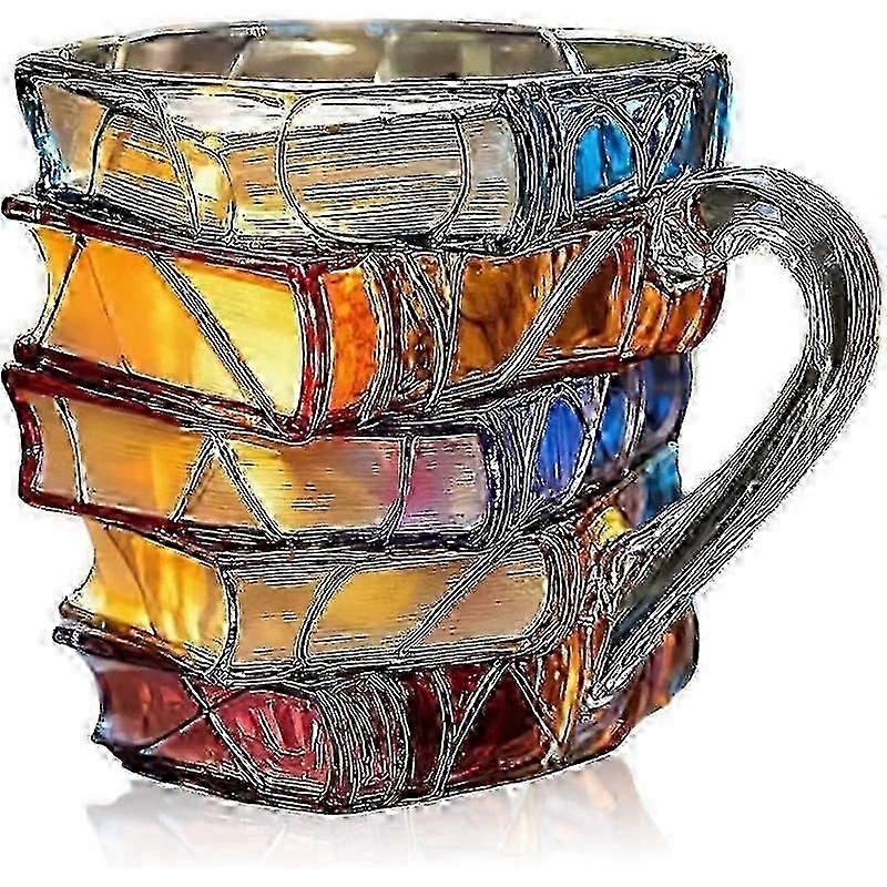 كوب كتاب مرسوم، كوب قهوة مصنوع يدويًا من الزجاج الملون على شكل كتاب، كوب قهوة فريد من نوعه على شكل كومة كتب أكريليك ملونة، هدايا لمحبي الكتب والقراء